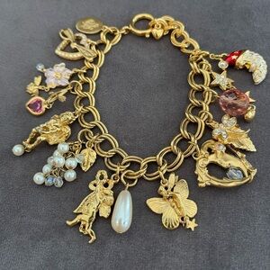 Vintage KIRKS FOLLY Chunky Gold Tone Charm Bracelet Fairies Cherubs Dragonfly